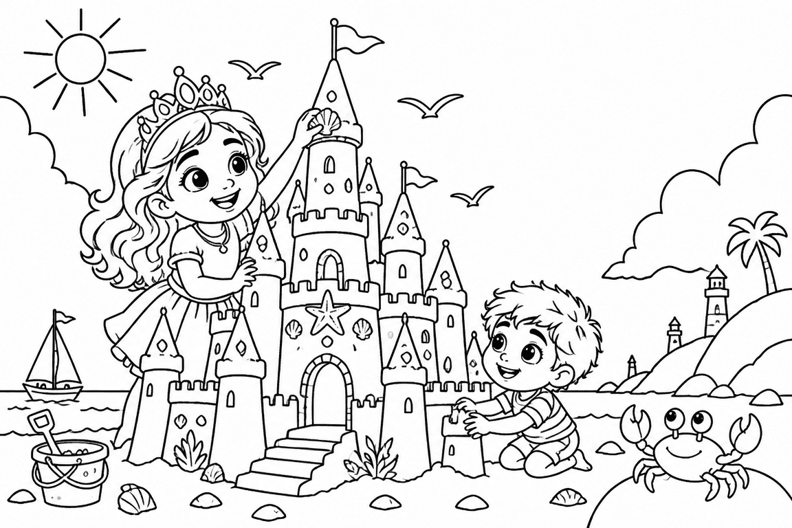 A black and white coloring page of two children building a sandcastle, redrawn from a story illustration