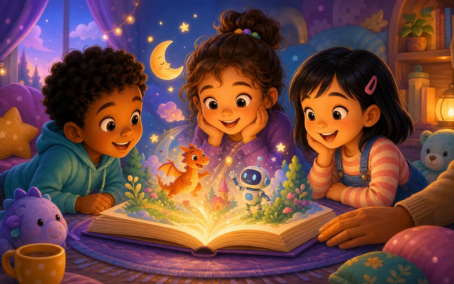 Children discovering a magical world inside a glowing storybook